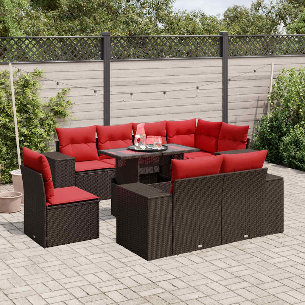9 Piece Patio Sofa Set with Cushions Brown Poly Rattan