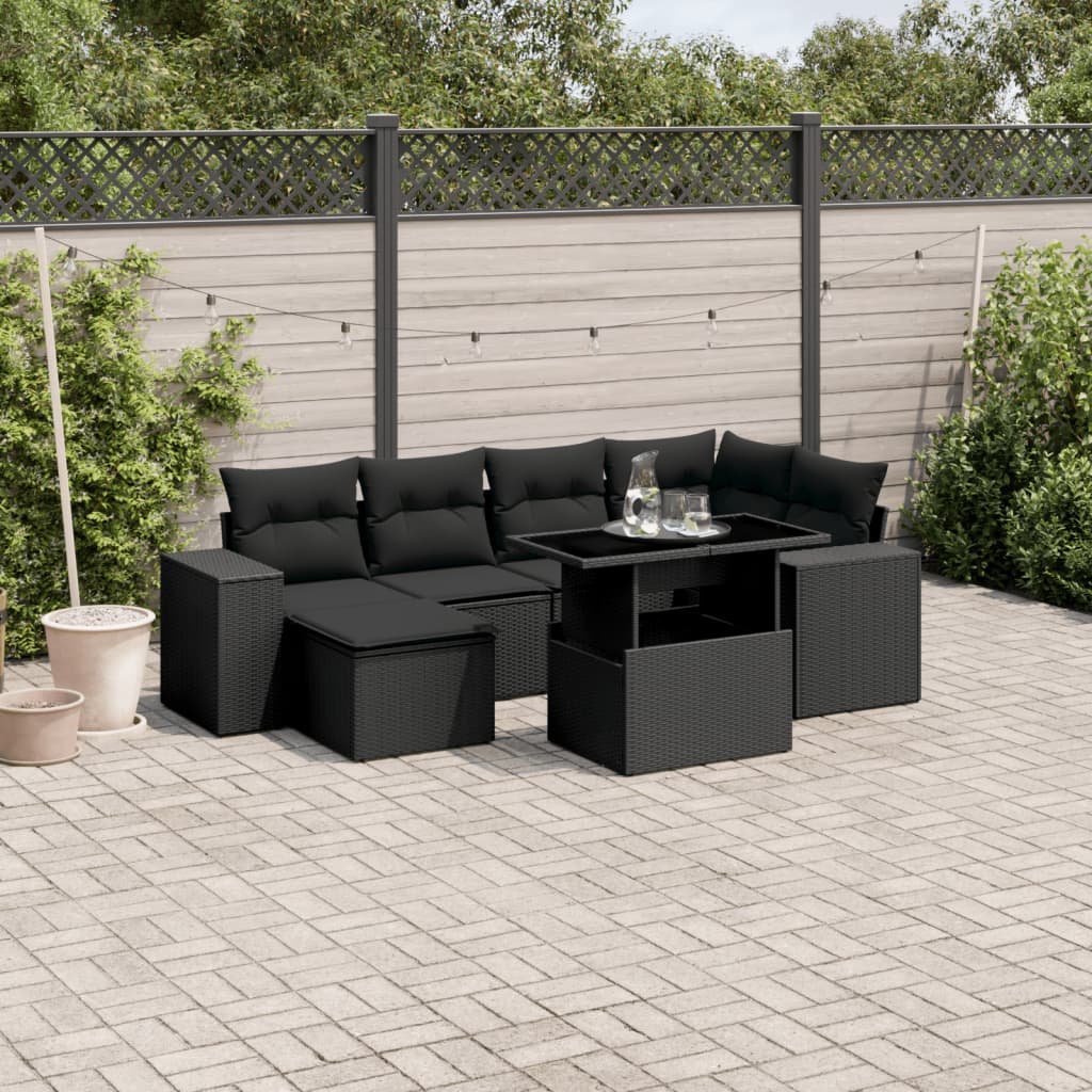 vidaXL 7-tlg. Garten-Sofagarnitur mit Kissen Schwarz Poly Rattan