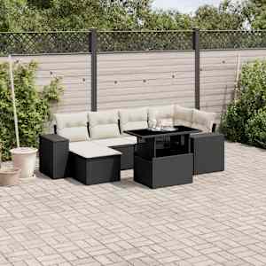 Vrtna sedežna garnitura 7-delna z blazinami črn poli ratan