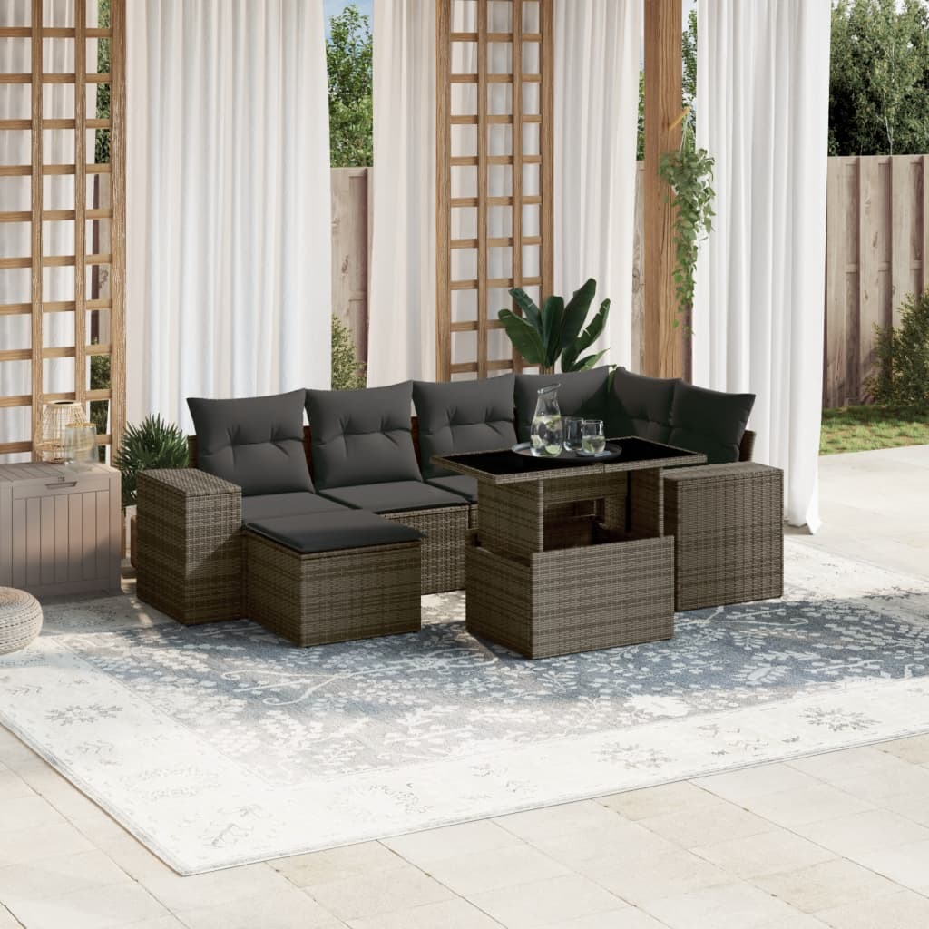 vidaXL 7-tlg. Garten-Sofagarnitur mit Kissen Grau Poly Rattan