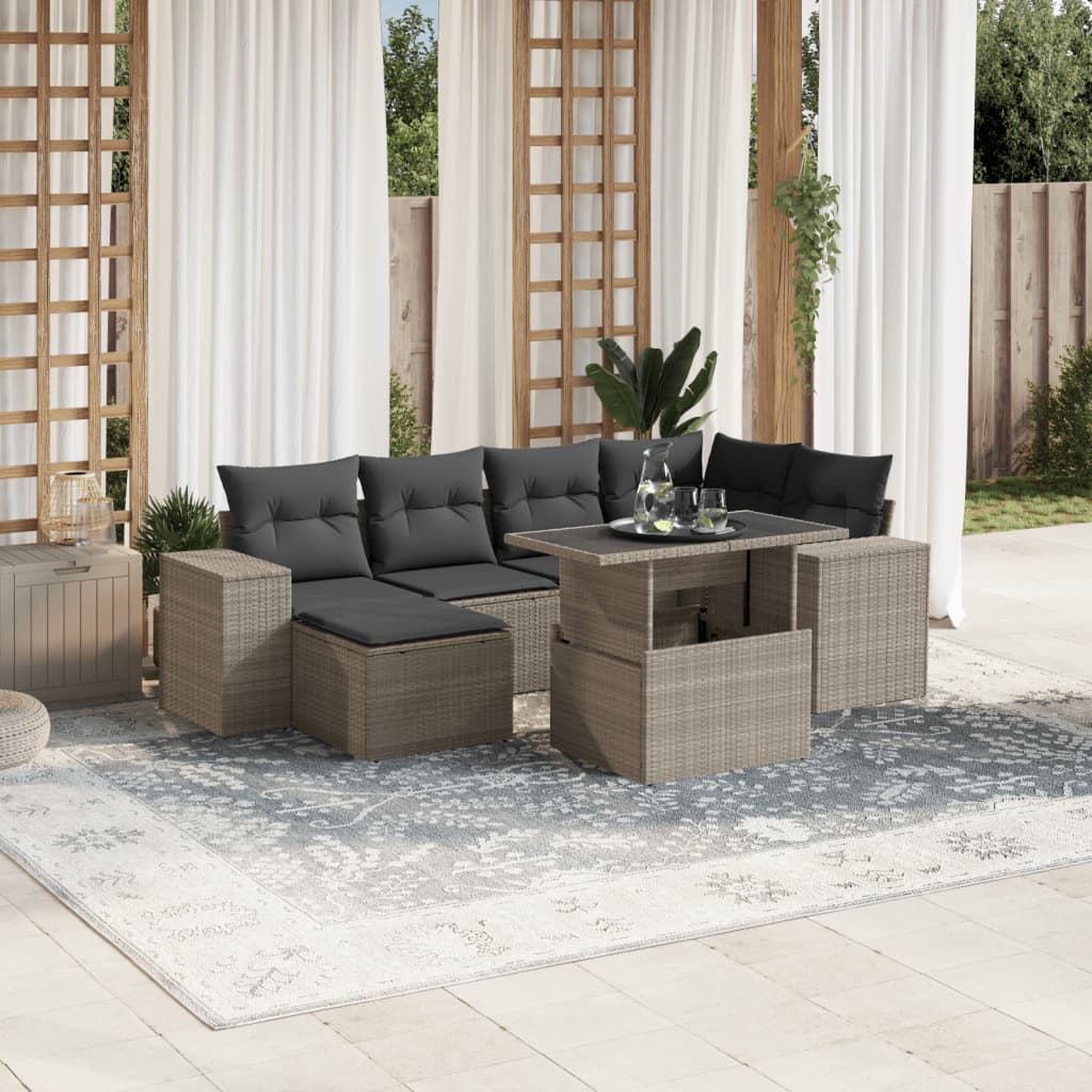 vidaXL 7-tlg. Garten-Sofagarnitur mit Kissen Hellgrau Poly Rattan