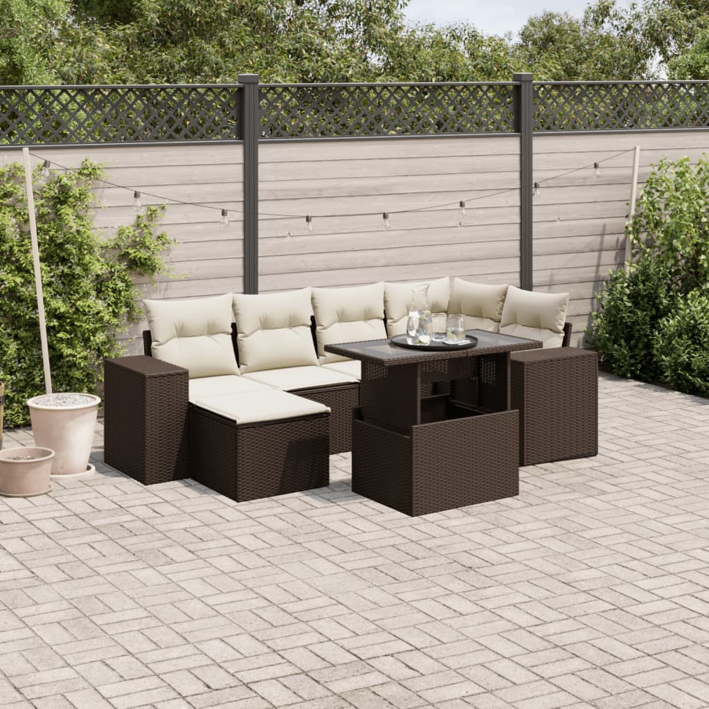 7-tlg. Garten-Sofagarnitur mit Kissen Braun Poly Rattan