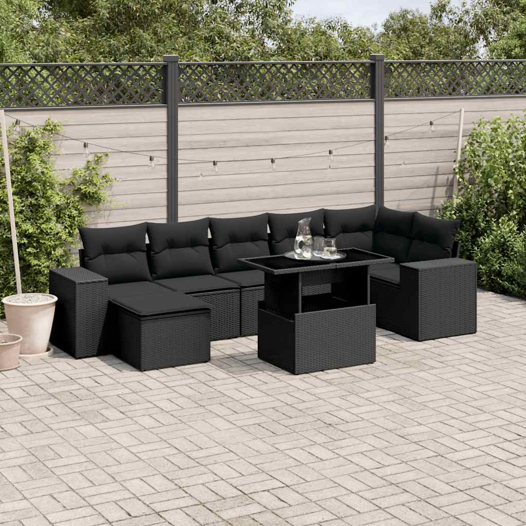 vidaXL 8-tlg. Garten-Sofagarnitur mit Kissen Schwarz Poly Rattan