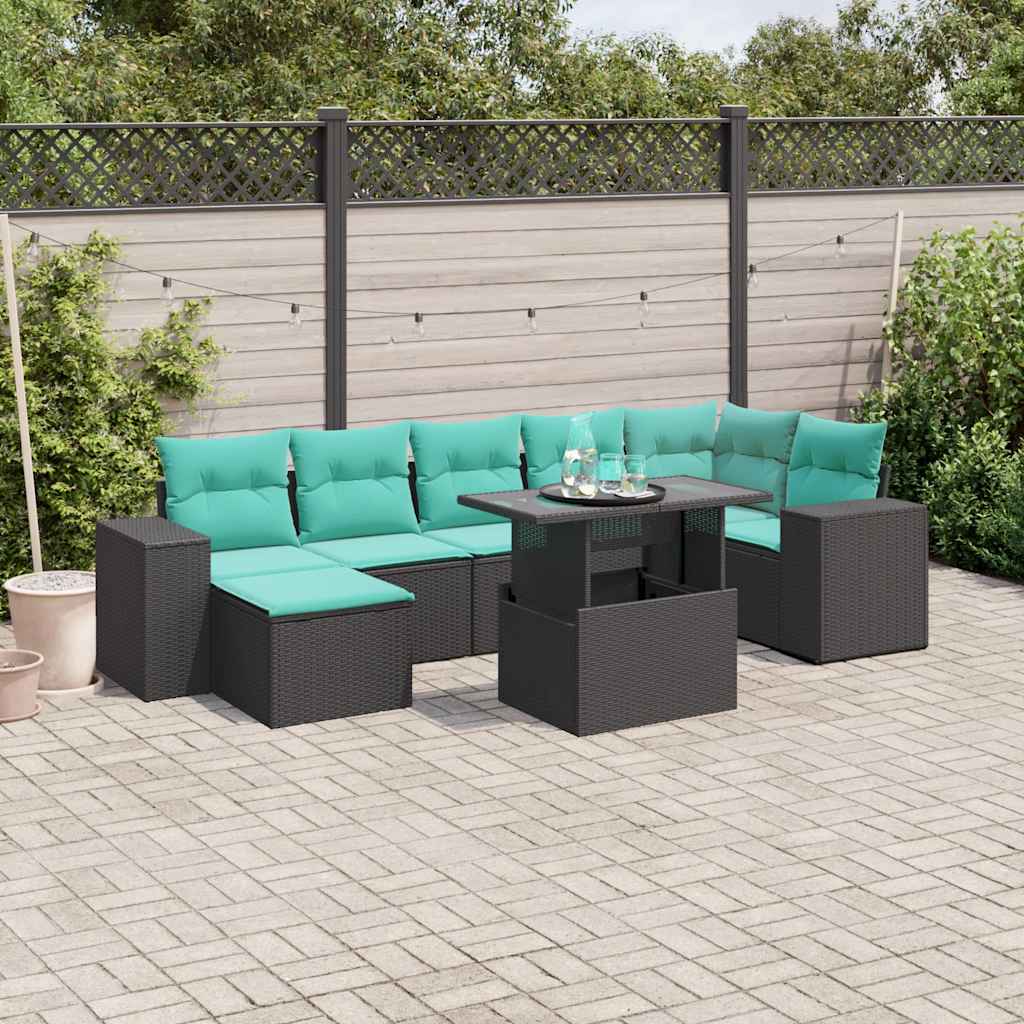 8-delige tuinbankset met kussens, zwart polyrotan – afbeelding 1