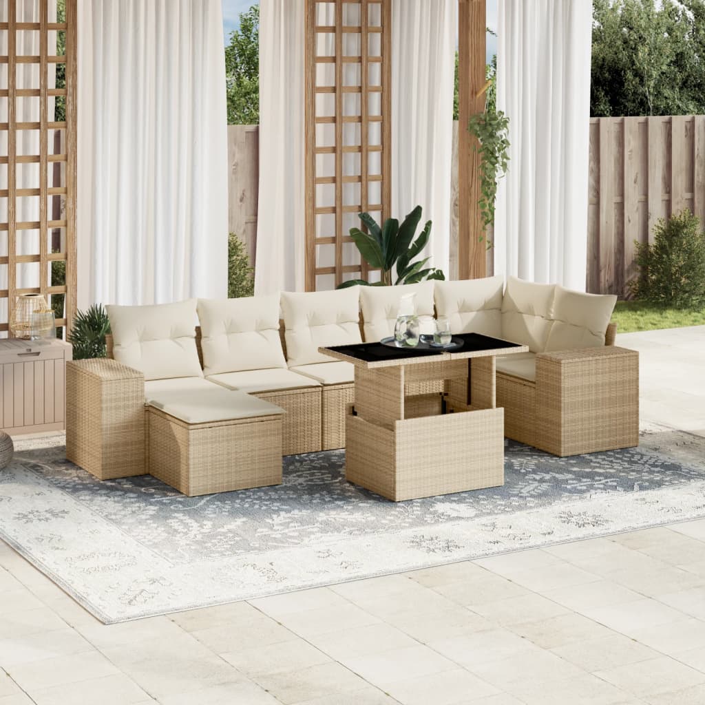 vidaXL 8-tlg. Garten-Sofagarnitur mit Kissen Beige Poly Rattan