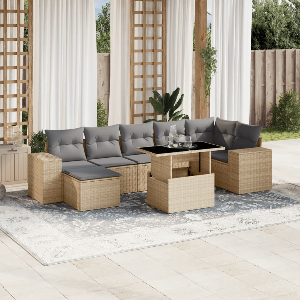 vidaXL 8-tlg. Garten-Sofagarnitur mit Kissen Beige Poly Rattan