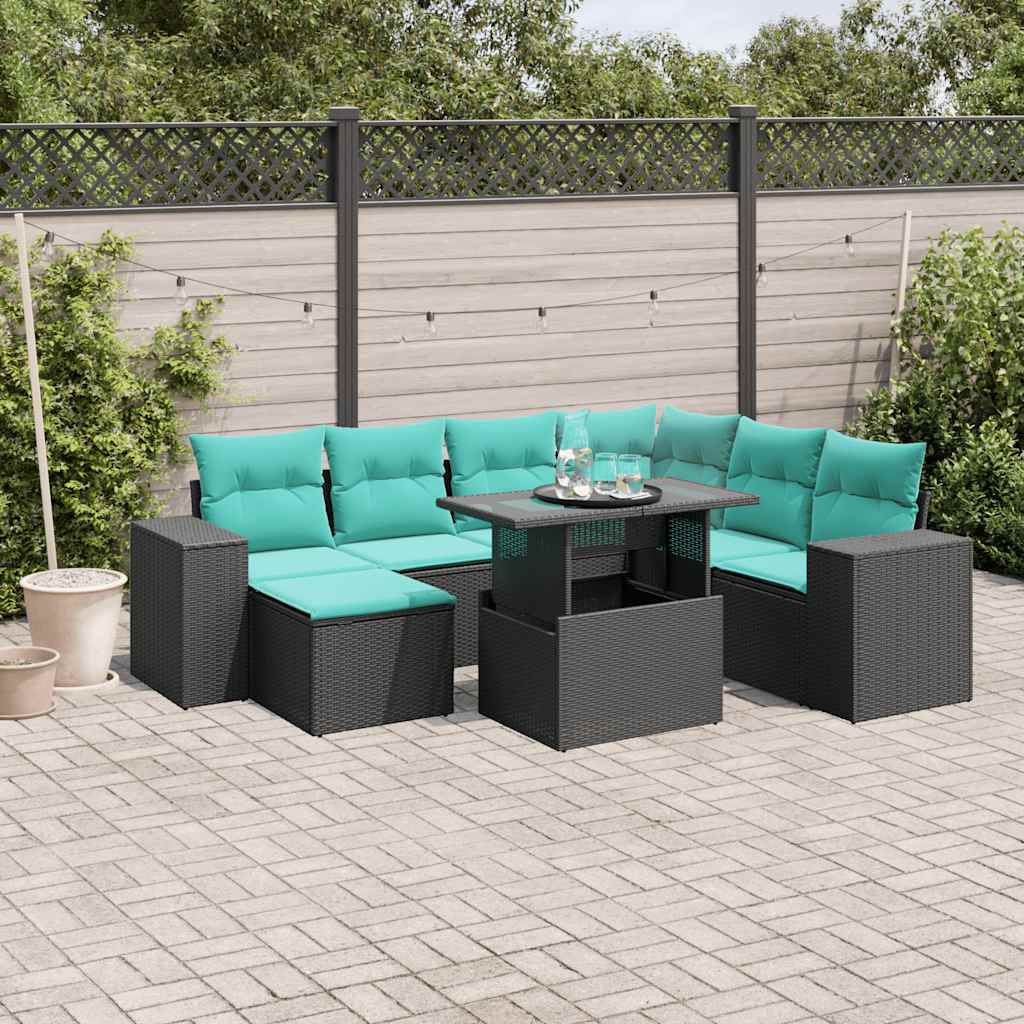 vidaXL 8-teiliges Gartensofa-Set mit Kissen, schwarzes Polyrattan