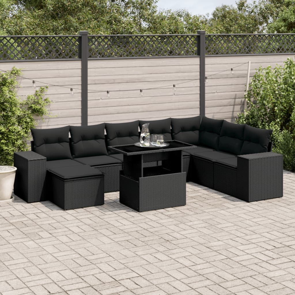 vidaXL 9-tlg. Garten-Sofagarnitur mit Kissen Schwarz Poly Rattan