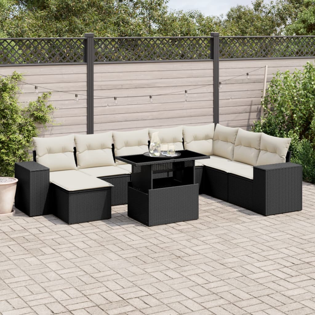 vidaXL 9-tlg. Garten-Sofagarnitur mit Kissen Schwarz Poly Rattan