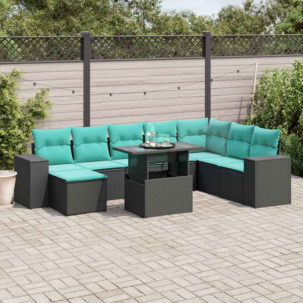 vidaXL 9-teiliges Gartensofa-Set mit Kissen, schwarzes Polyrattan