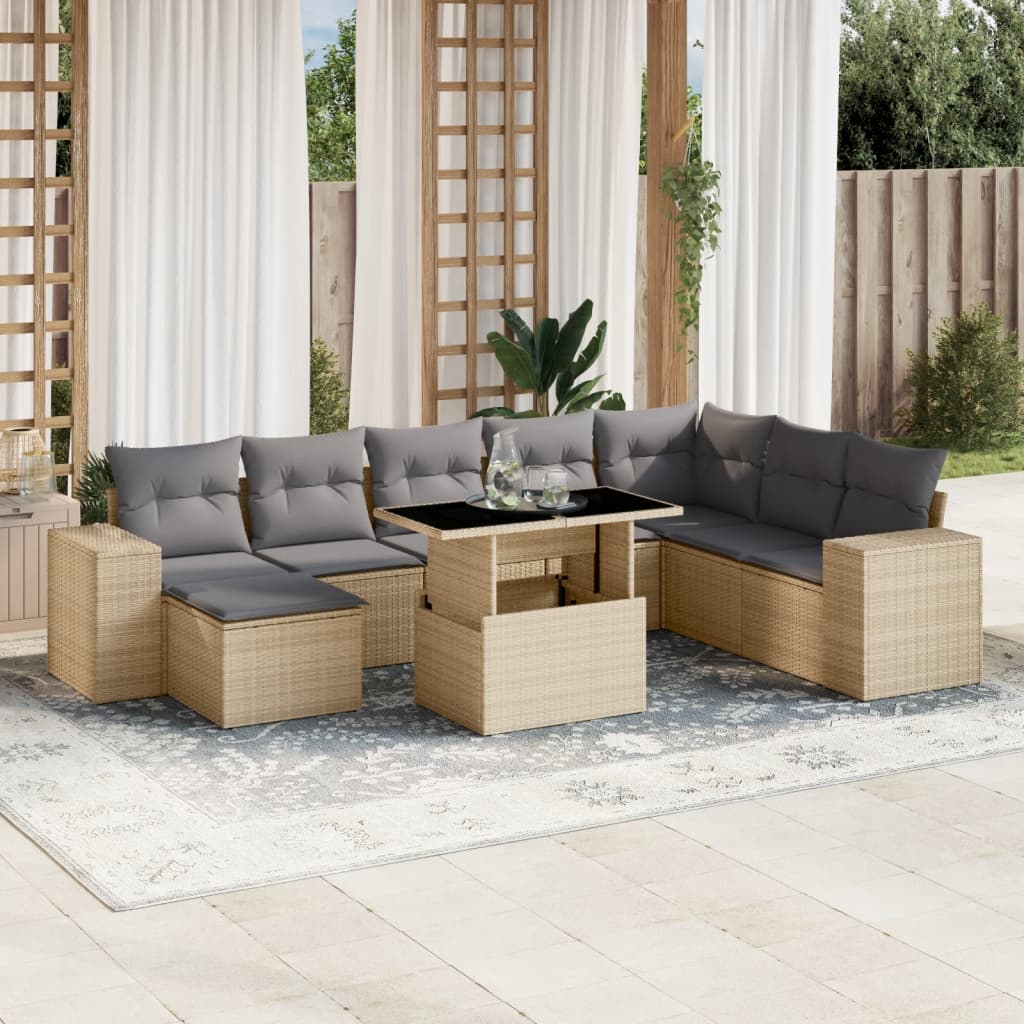 vidaXL 9-tlg. Garten-Sofagarnitur mit Kissen Beige Poly Rattan