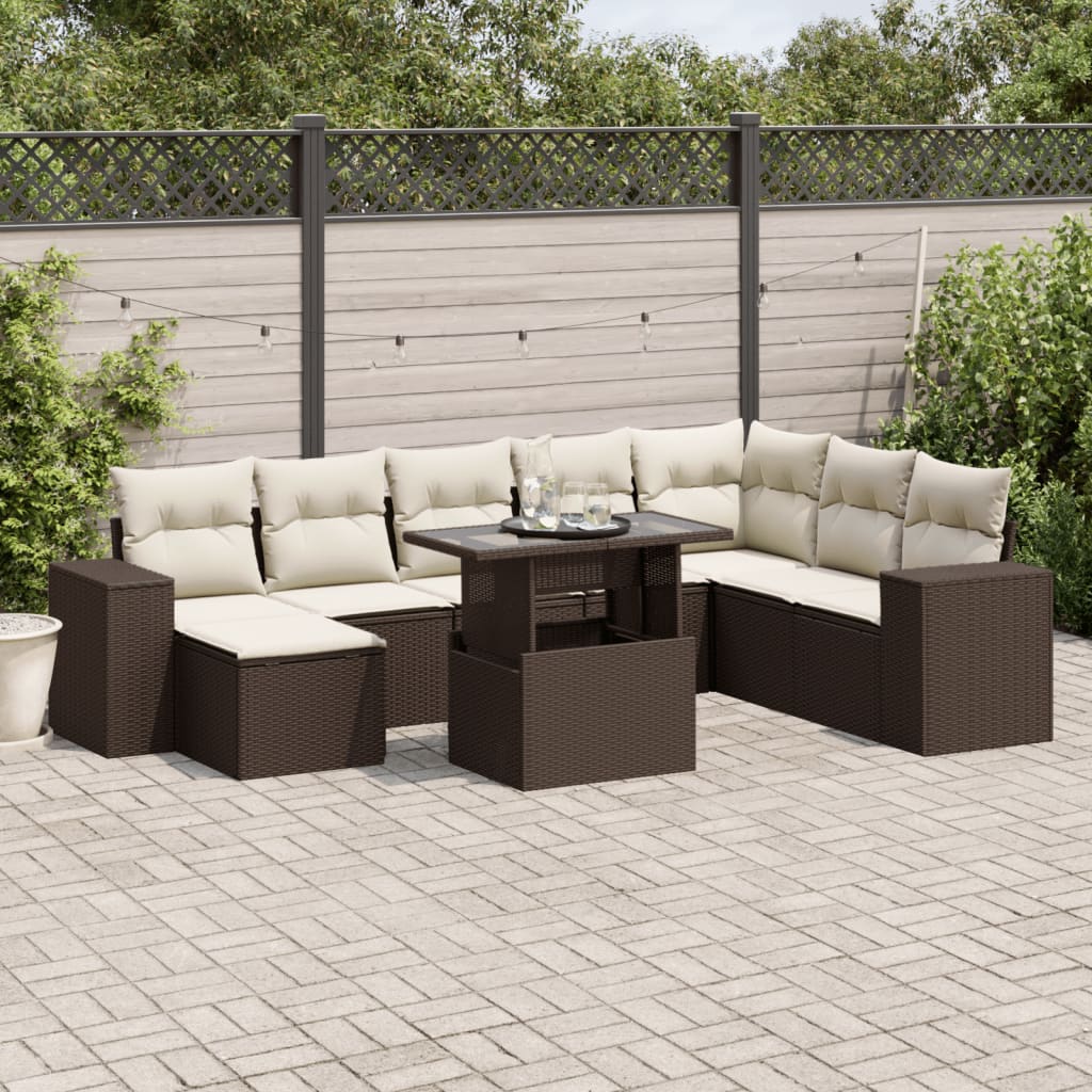 9-tlg. Garten-Sofagarnitur mit Kissen Braun Poly Rattan