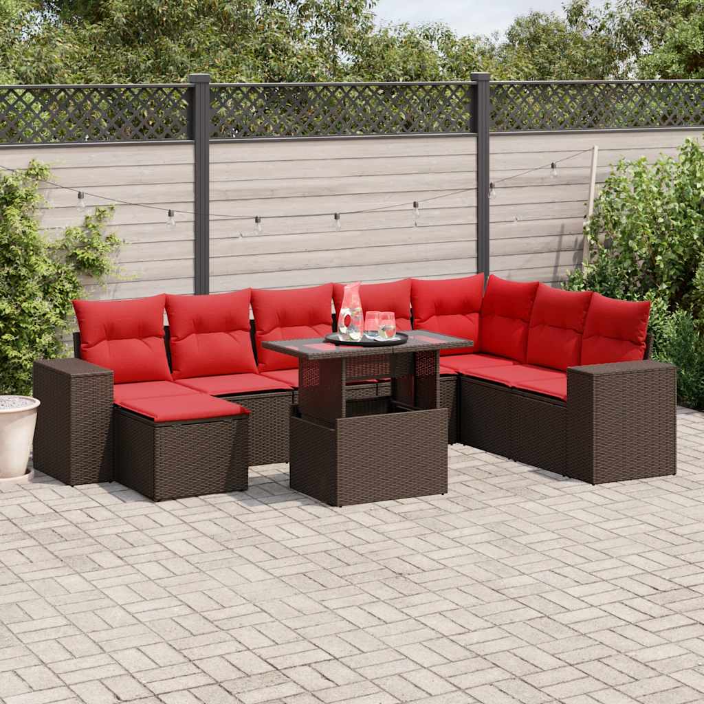vidaXL 9-teiliges Gartensofa-Set mit Kissen, braun, Polyrattan