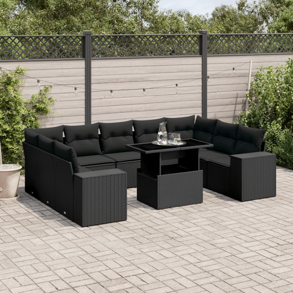 vidaXL 10-tlg. Garten-Sofagarnitur mit Kissen Schwarz Poly Rattan