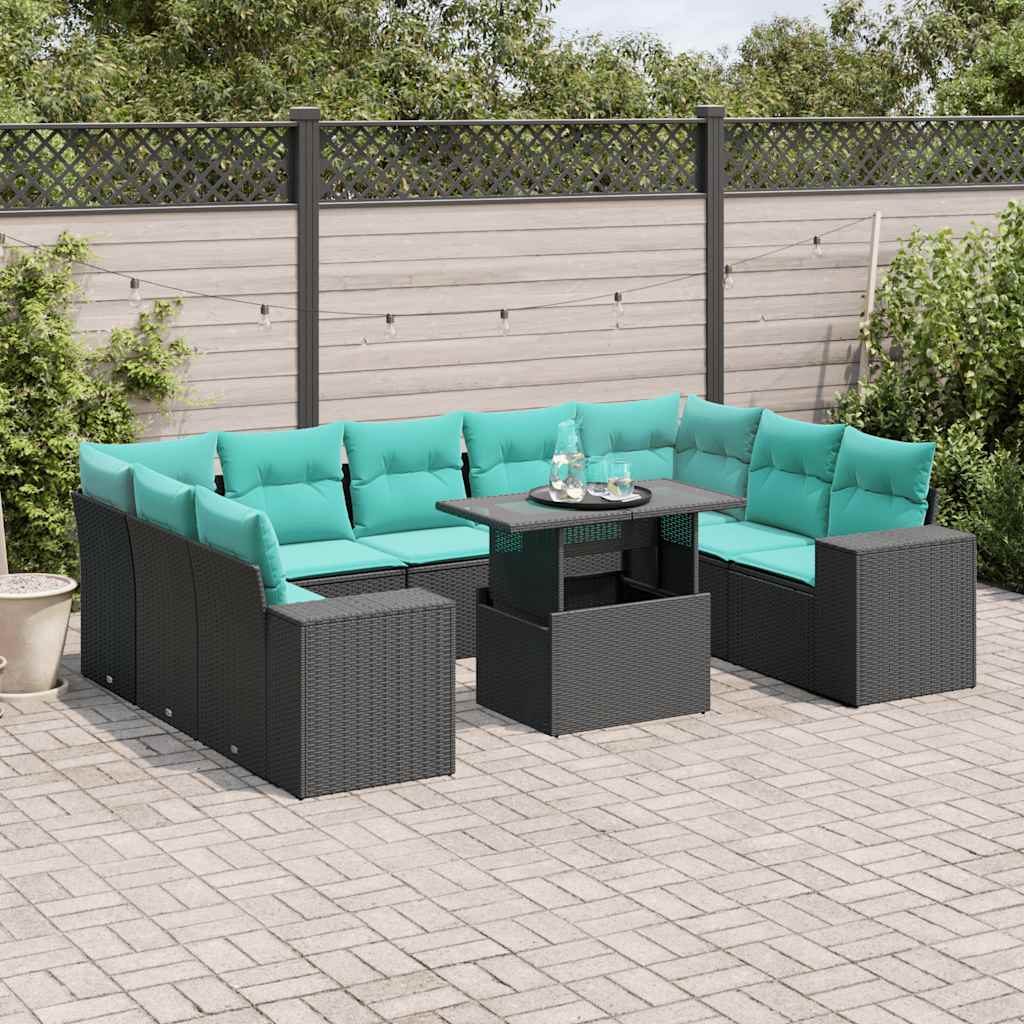 10 Piece Patio Sofa Set with Cushions Black Poly Rattan