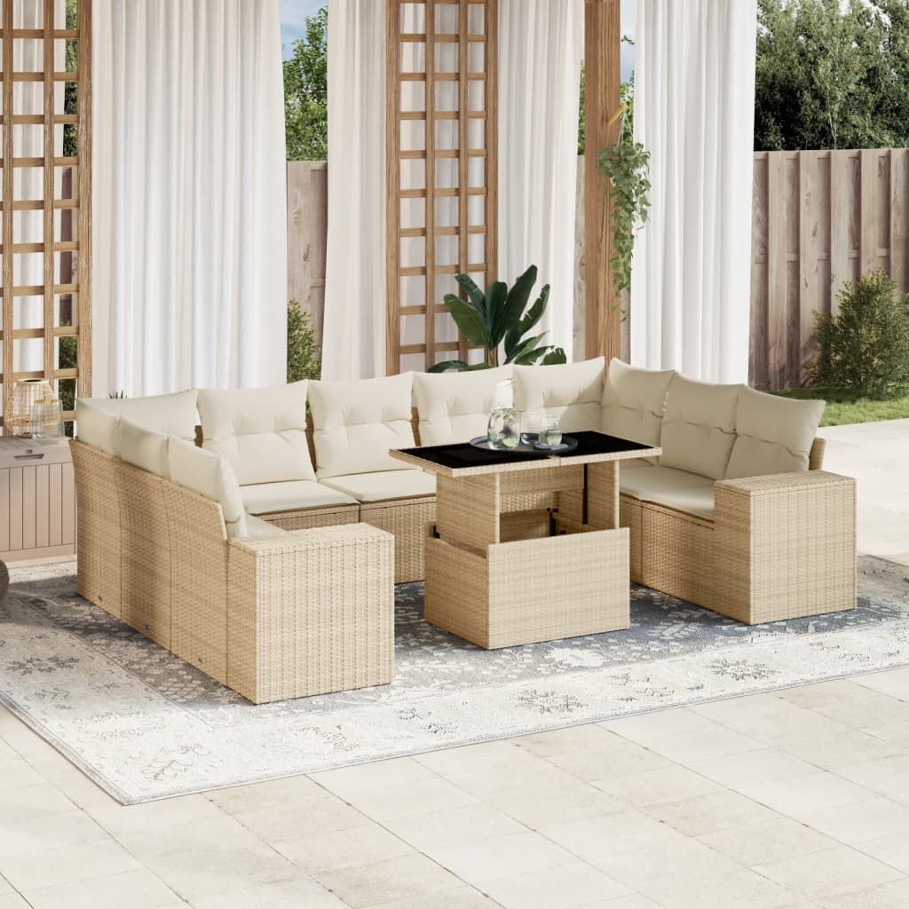 vidaXL 10-tlg. Garten-Sofagarnitur mit Kissen Beige Poly Rattan