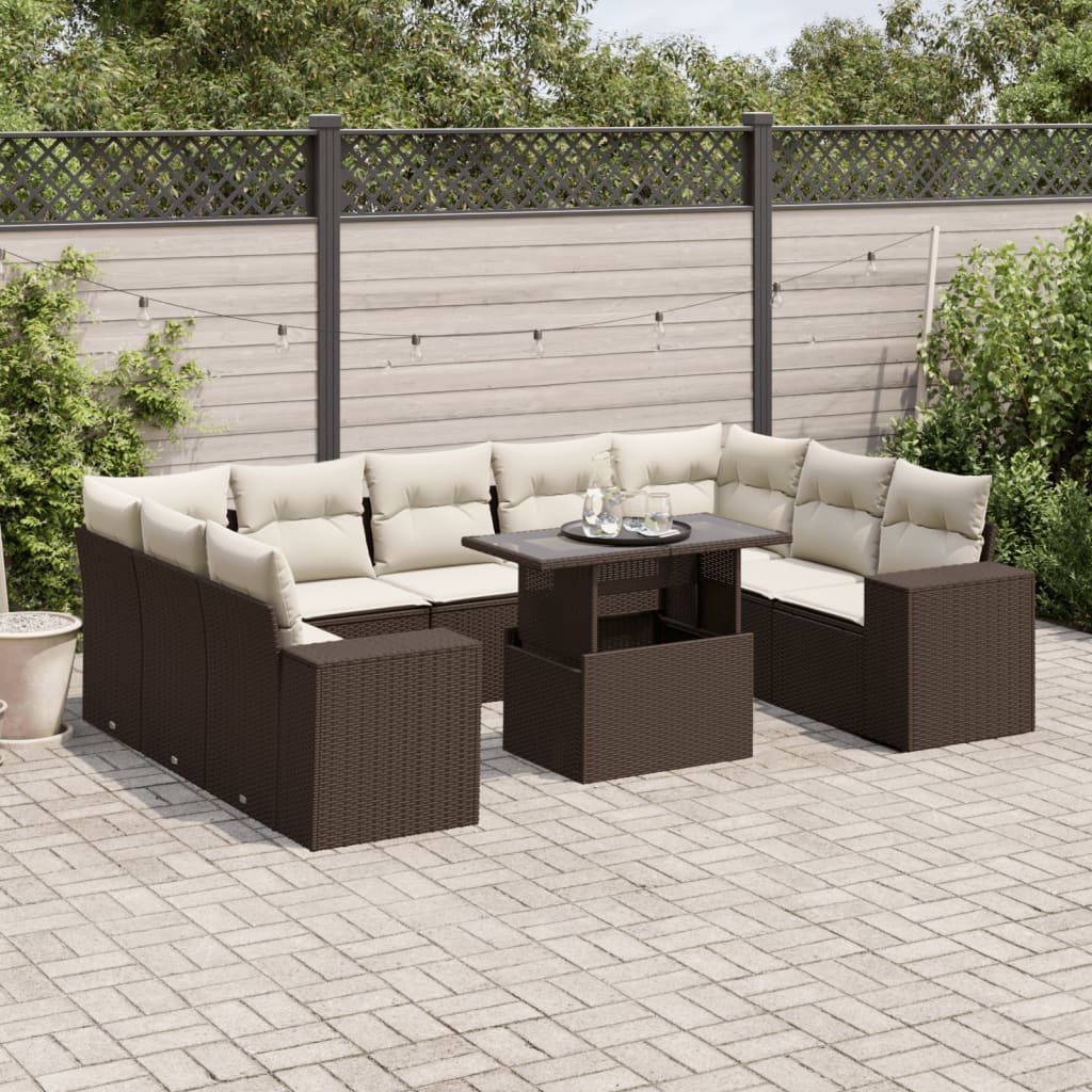 10-tlg. Garten-Sofagarnitur mit Kissen Braun Poly Rattan