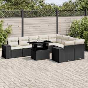 Vrtna sedežna garnitura 10-delna z blazinami črn poli ratan