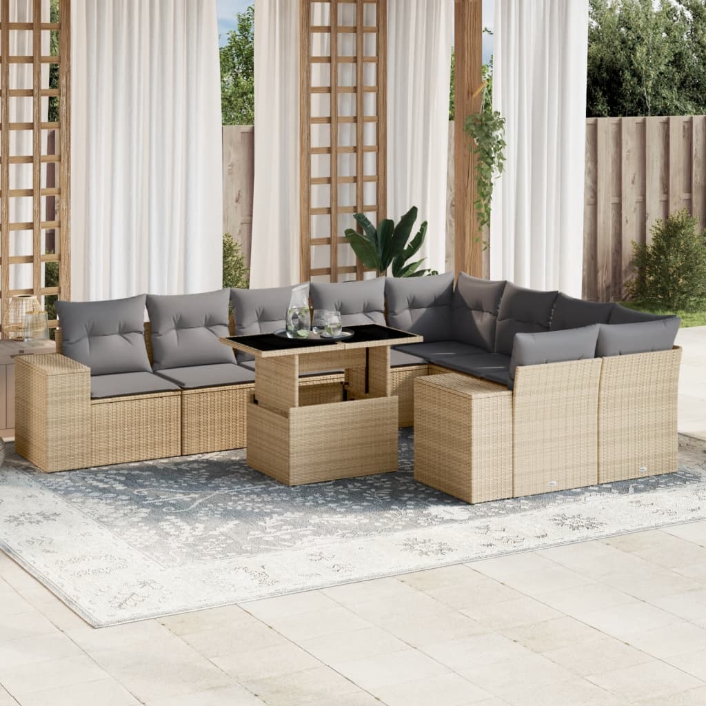 vidaXL 10-tlg. Garten-Sofagarnitur mit Kissen Beige Poly Rattan