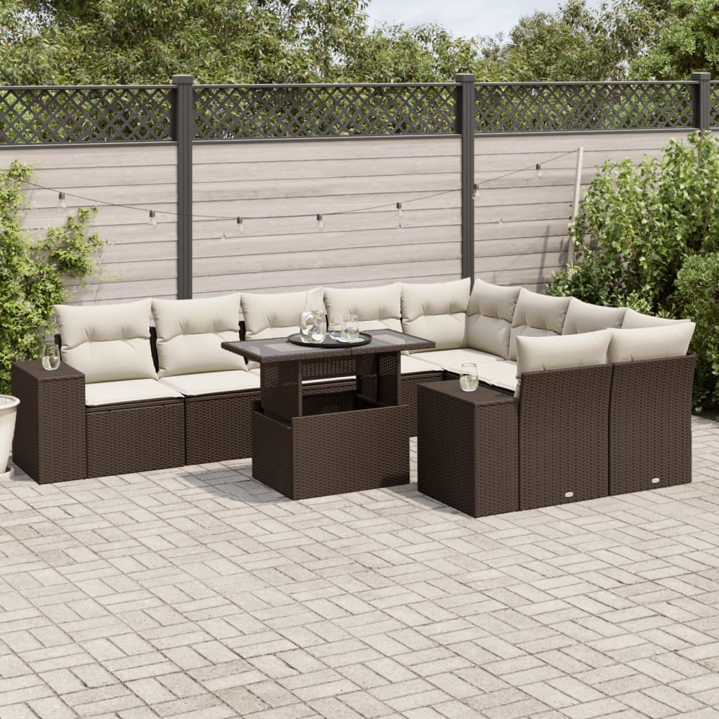 10-tlg. Garten-Sofagarnitur mit Kissen Braun Poly Rattan