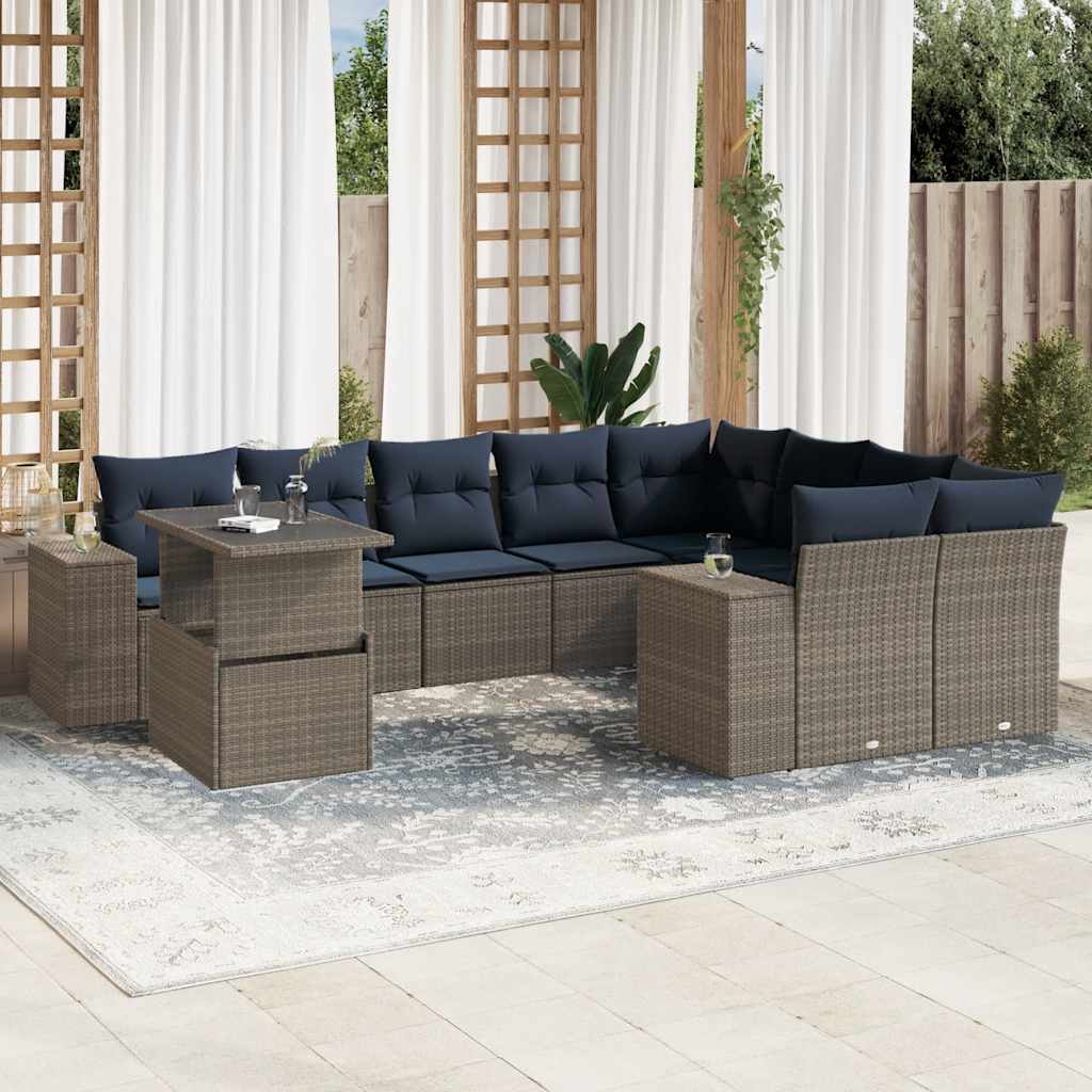 vidaXL 10-teiliges Gartensofa-Set mit Kissen, grau, Polyrattan