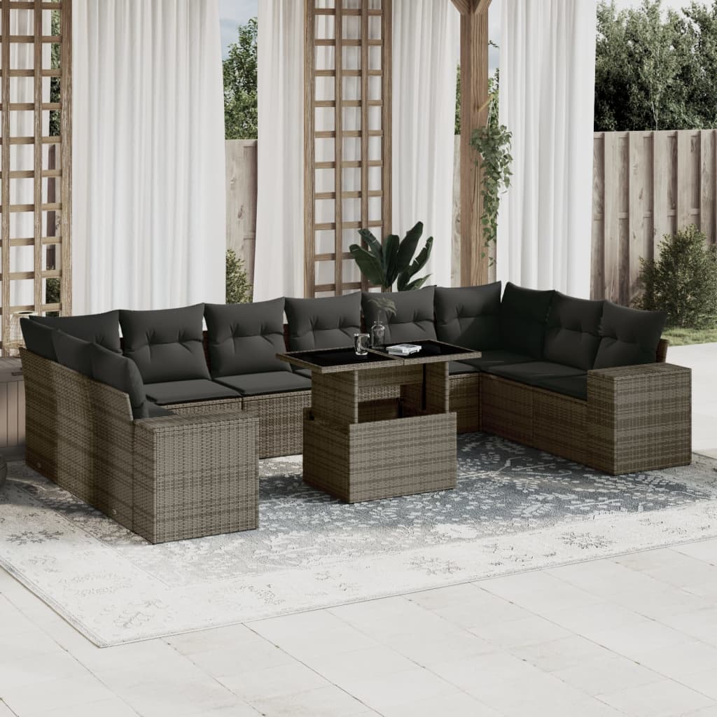 vidaXL 11-tlg. Garten-Sofagarnitur mit Kissen Grau Poly Rattan