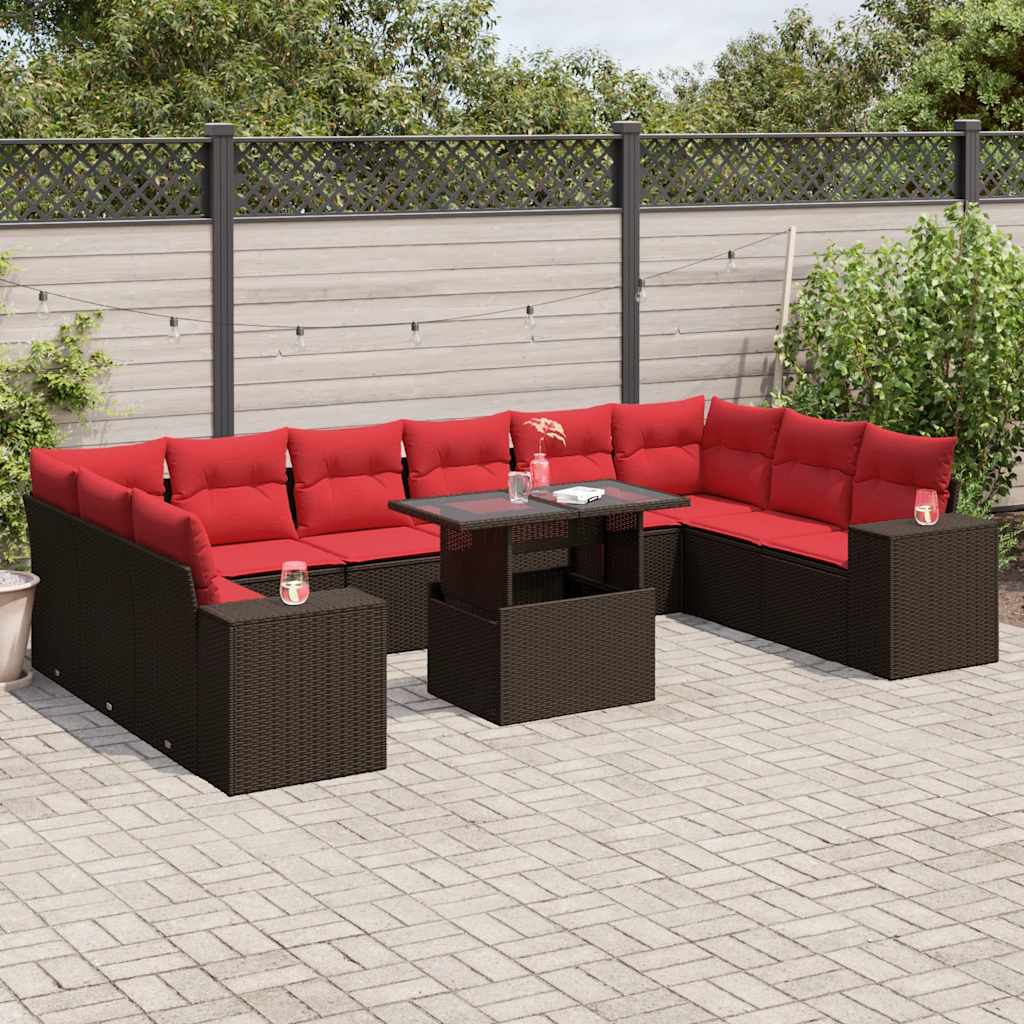 11 Piece Patio Sofa Set with Cushions Brown Poly Rattan