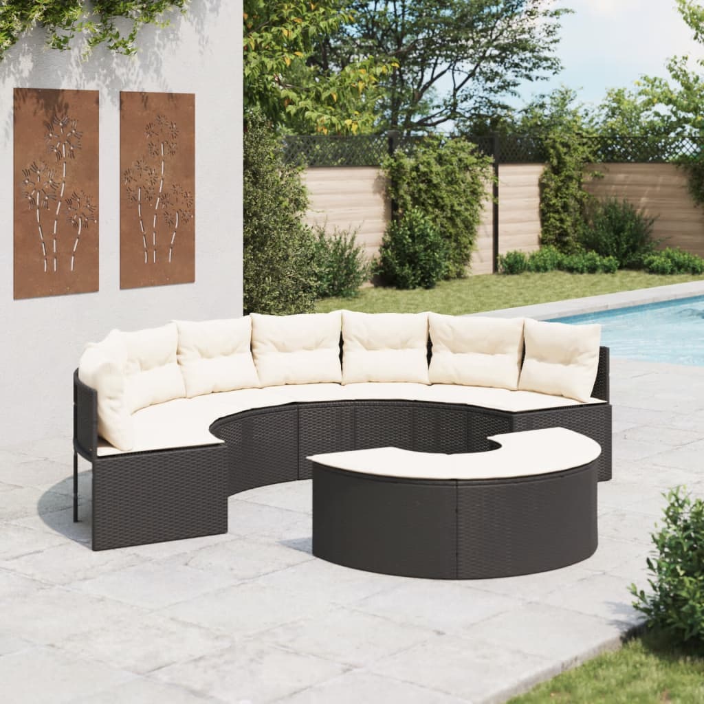 vidaXL Set canapea de grădină, 2 piese, semi-rotunde, negru, poliratan