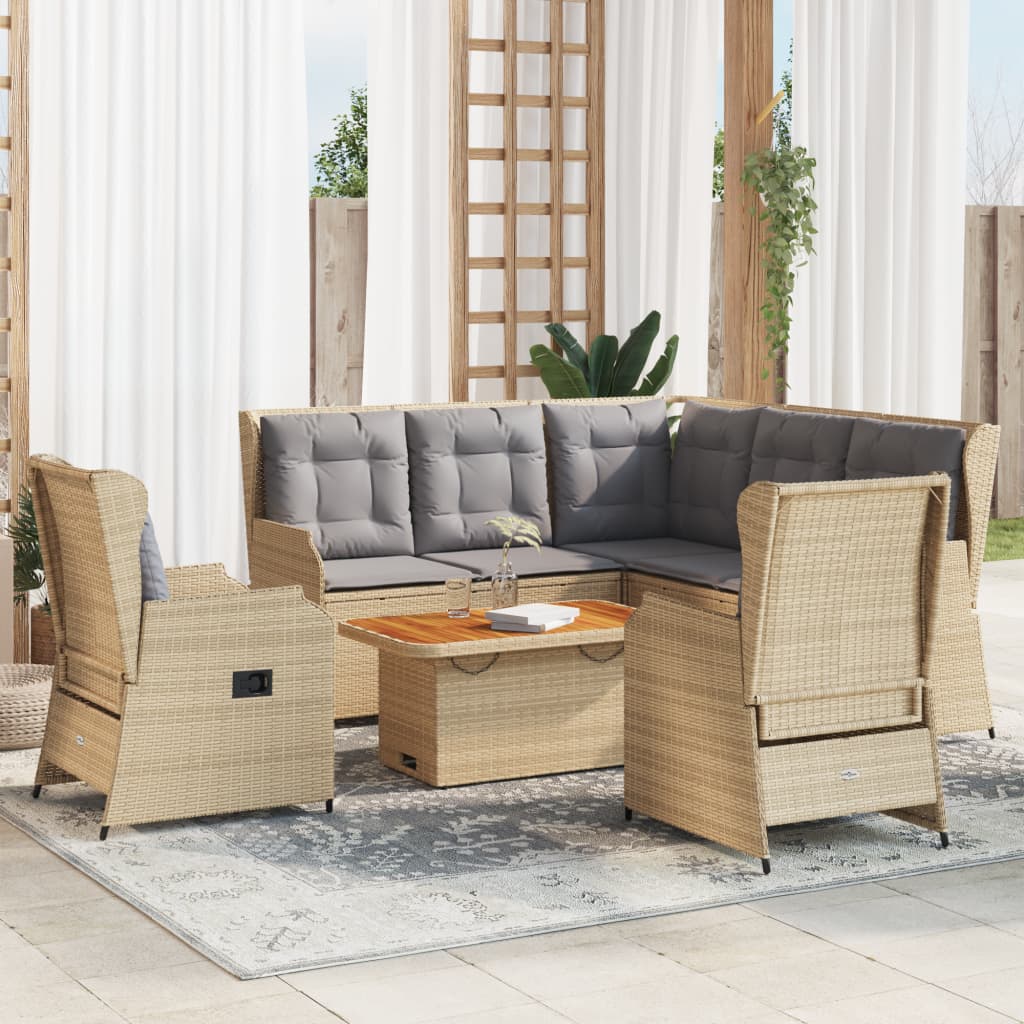 6-tlg. Garten-Lounge-Set mit Kissen Beige Poly Rattan