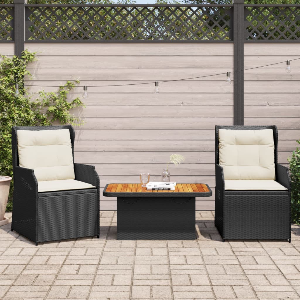 3-tlg. Garten-Lounge-Set mit Kissen Schwarz Poly Rattan