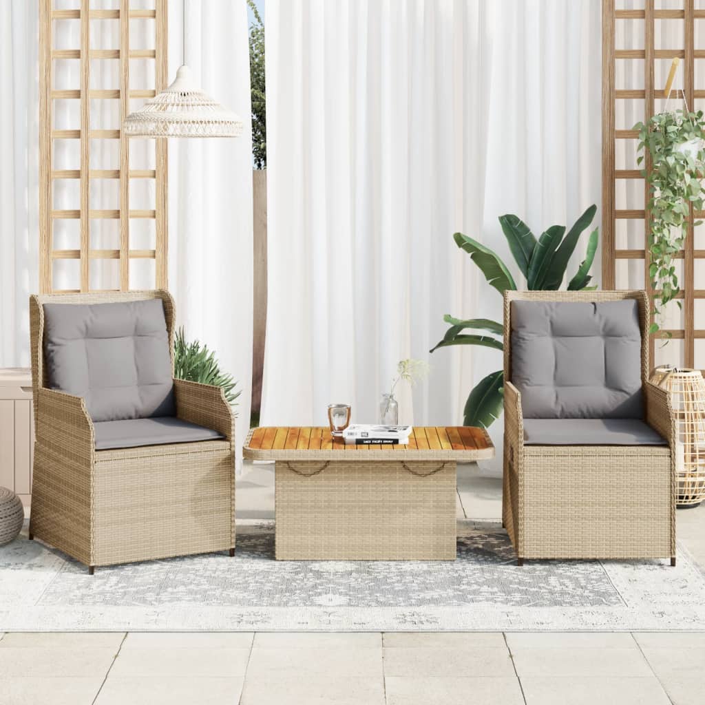 3-tlg. Garten-Lounge-Set mit Kissen Beige Poly Rattan