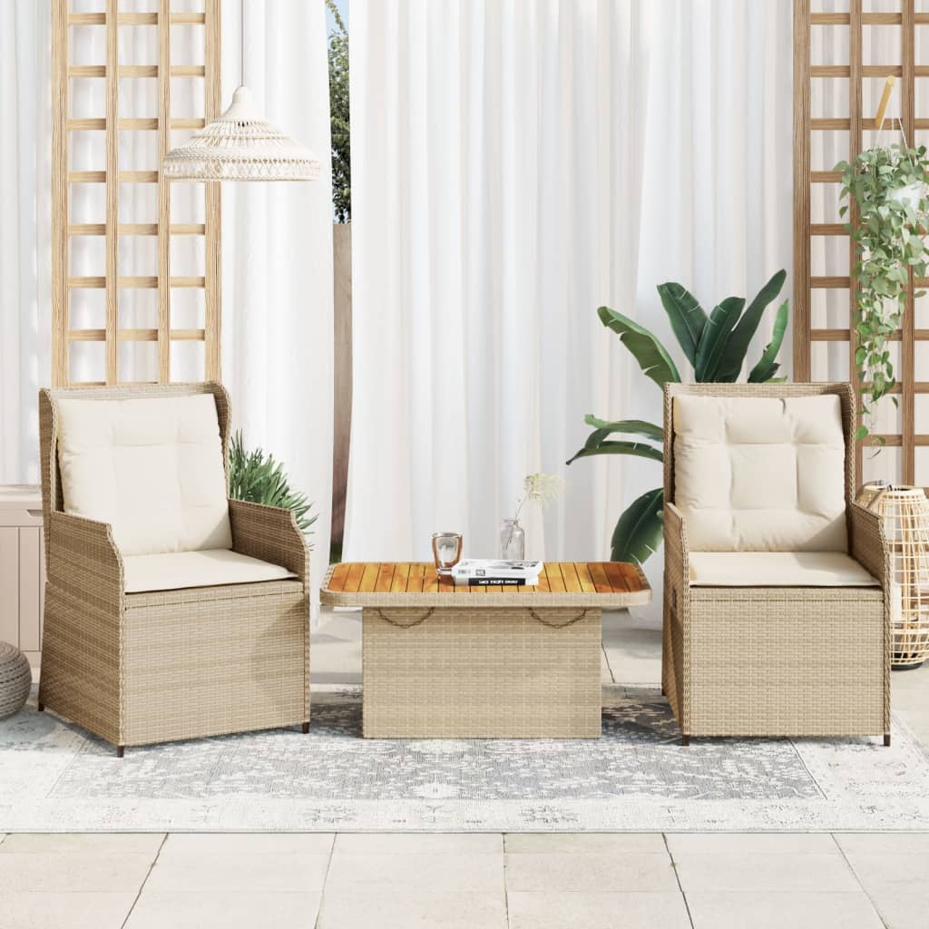 3-tlg. Garten-Lounge-Set mit Kissen Beige Poly Rattan