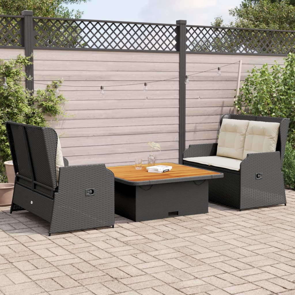 vidaXL Set mobilier de grădină cu perne, 3 piese, negru, poliratan