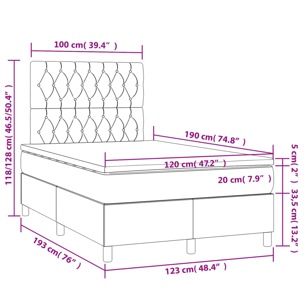 Łóżko kontynentalne czarne 193x123x118/128 + materac sprężynowy 120x190 + nakładka 120x190