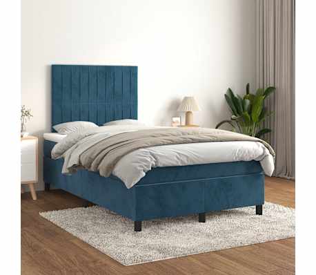 vidaXL Pat box spring cu saltea, albastru &icirc;nchis, 120x190 cm, catifea