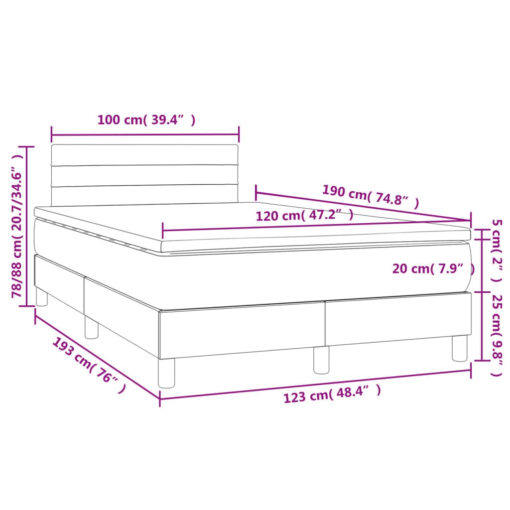 Łóżko kontynentalne z materacem i diodami LED 193x123cm, jasnoszary