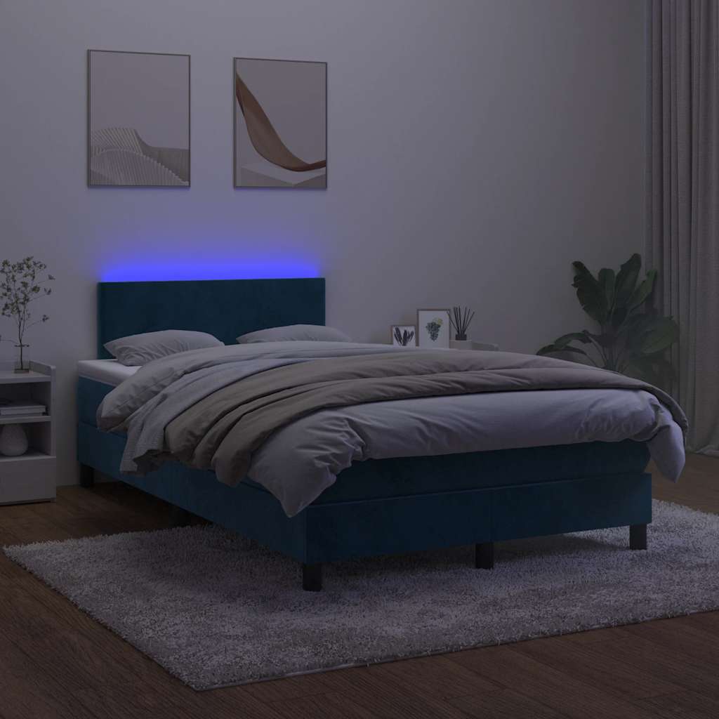 vidaXL Pat box spring cu saltea/LED albastru închis 120x190cm catifea