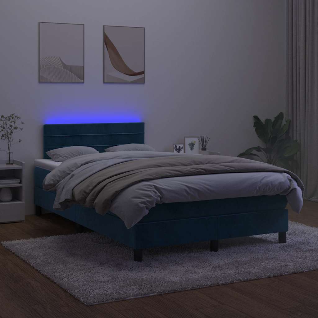 vidaXL Pat box spring cu saltea/LED albastru închis 120x190cm catifea