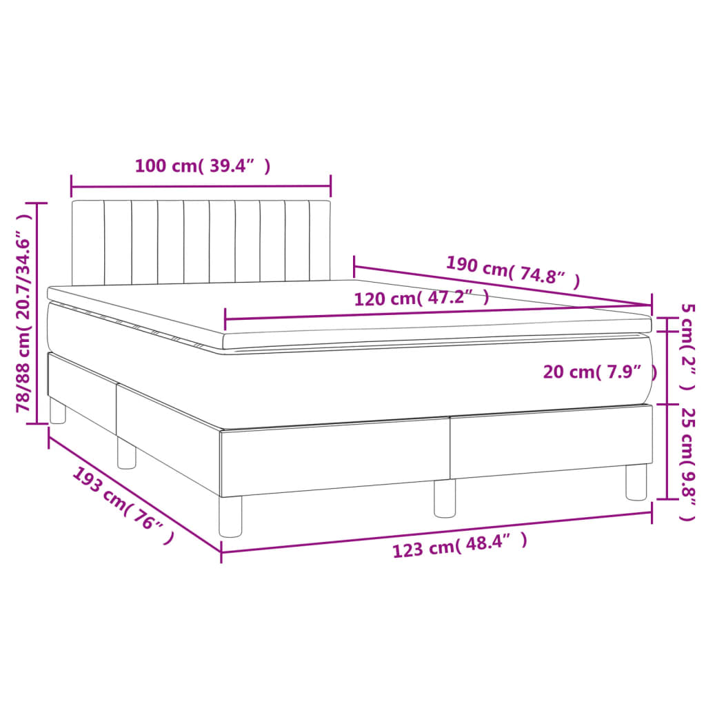 Łóżko kontynentalne z materacem i LED, granatowe, 120x190 cm