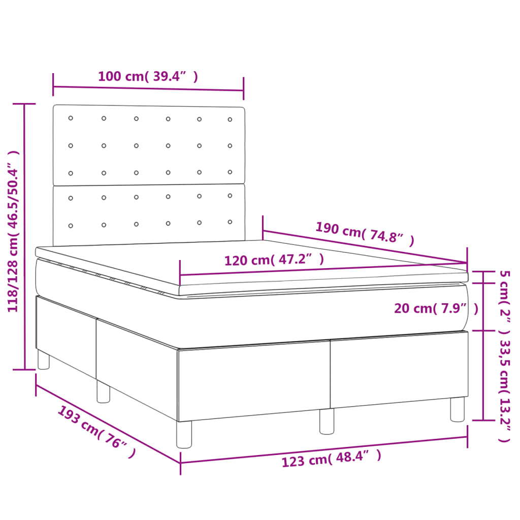 Łóżko kontynentalne z materacem i LED, białe, 120x190 cm