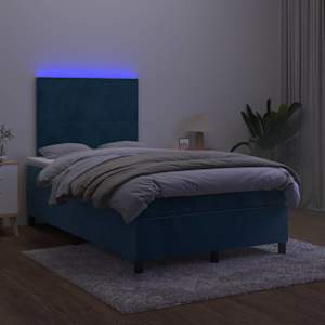Box spring postelja z vzmetnico LED tem. modra 120x190 cm žamet