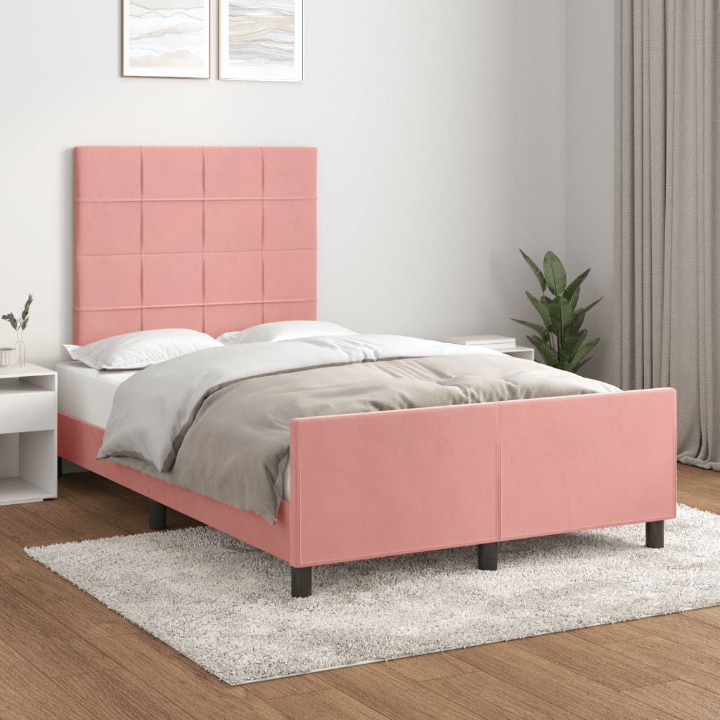 Sengeramme Med Sengegavl Fløjl Lyserød - Blok med firkanter / 120 x 190 cm