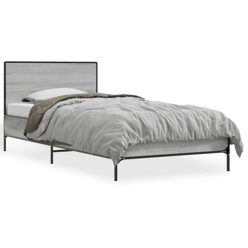 vidaXL Bedframe bewerkt hout en metaal grijs sonoma eiken 90x200 cm, foto 3