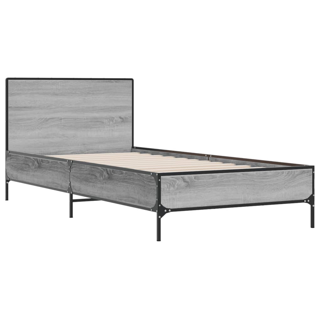 vidaXL Bedframe bewerkt hout en metaal grijs sonoma eiken 90x200 cm, foto 2