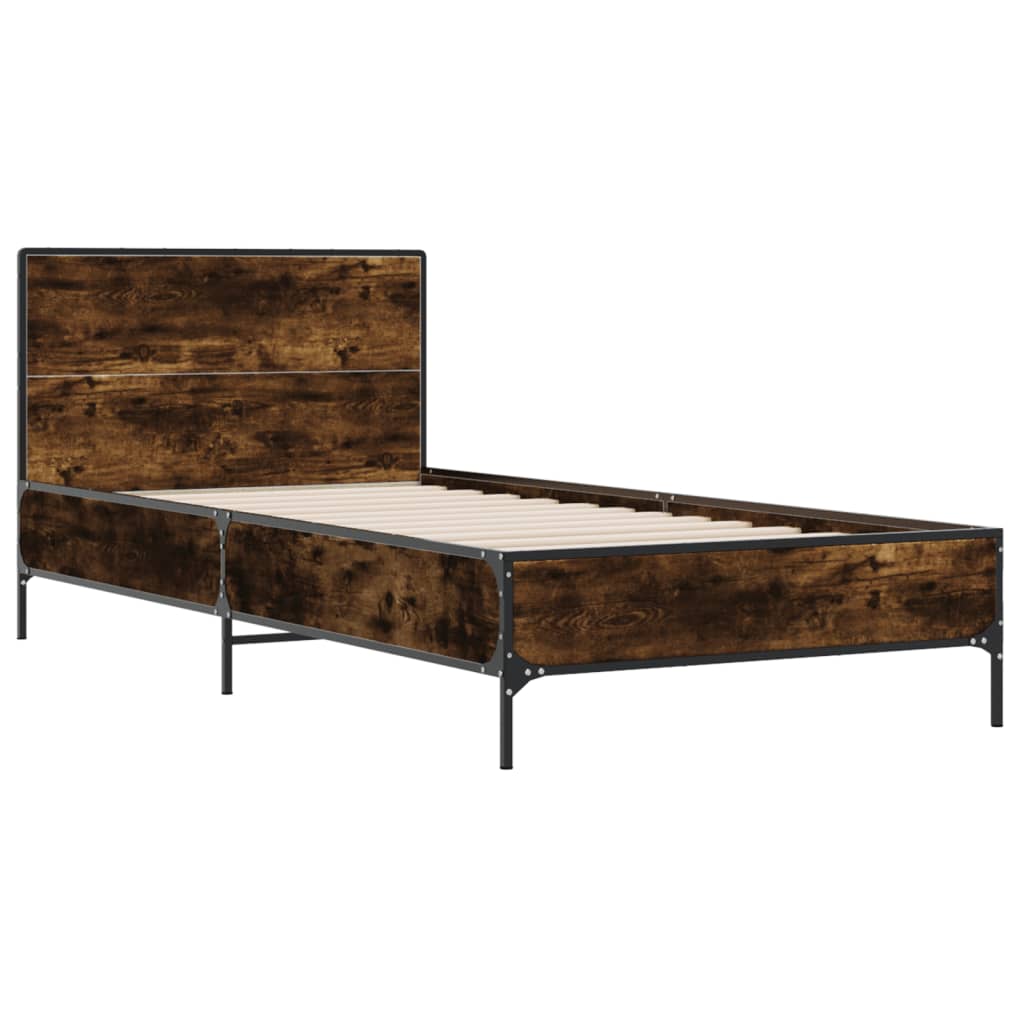 vidaXL Bedframe bewerkt hout en metaal gerookt eikenkleurig 75x190 cm afbeelding