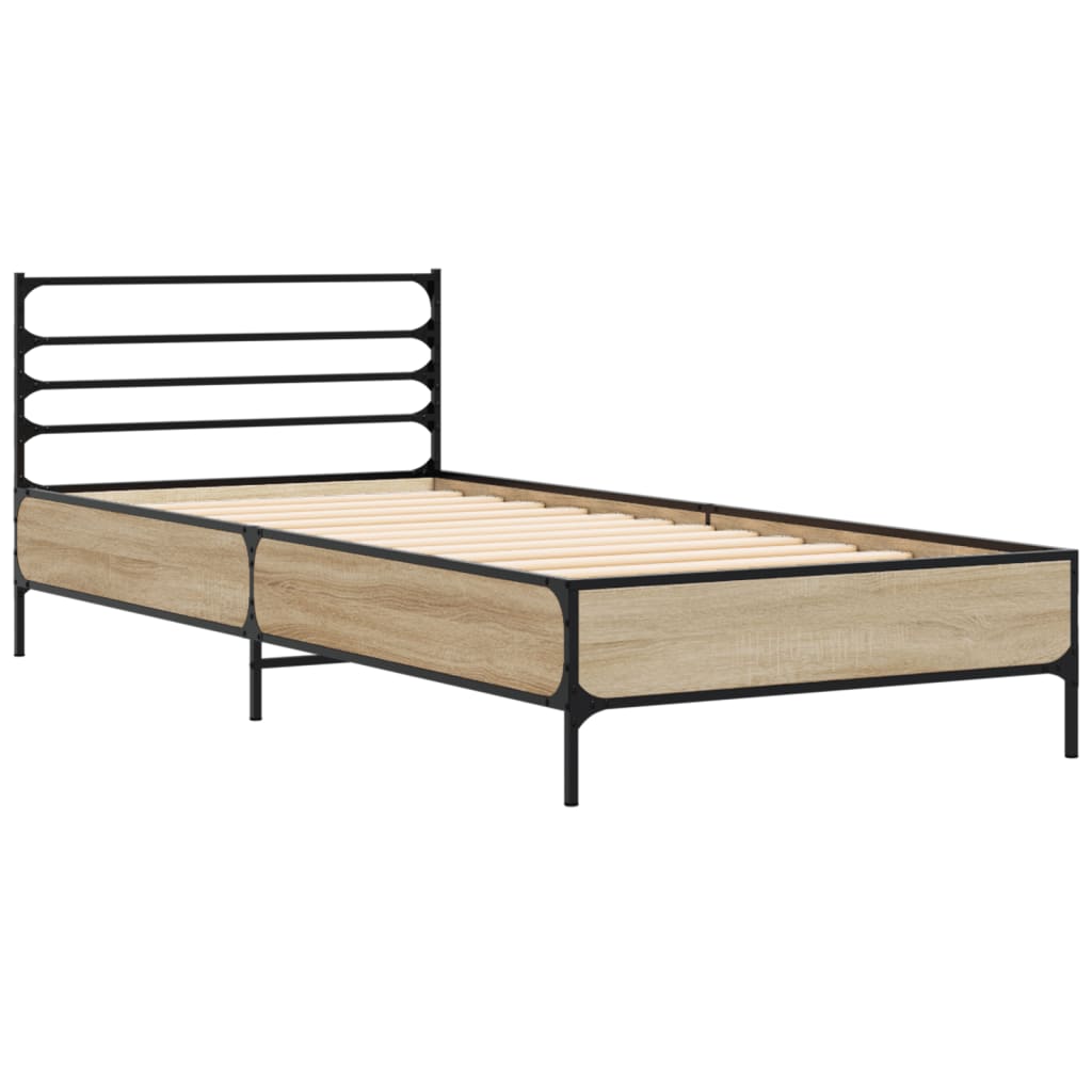 vidaXL Bedframe bewerkt hout en metaal sonoma eikenkleurig 90x200 cm afbeelding