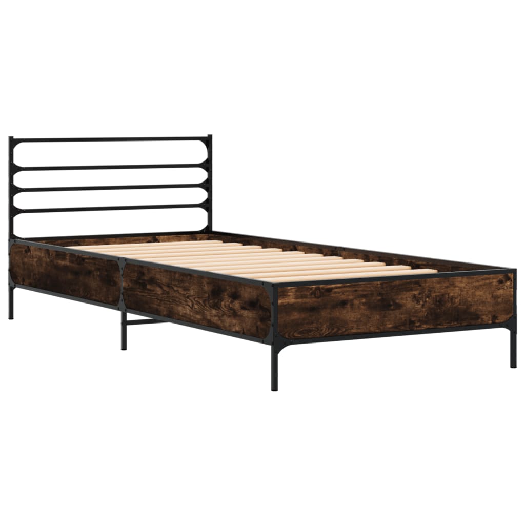 vidaXL Bedframe bewerkt hout en metaal gerookt eikenkleurig 75x190 cm afbeelding