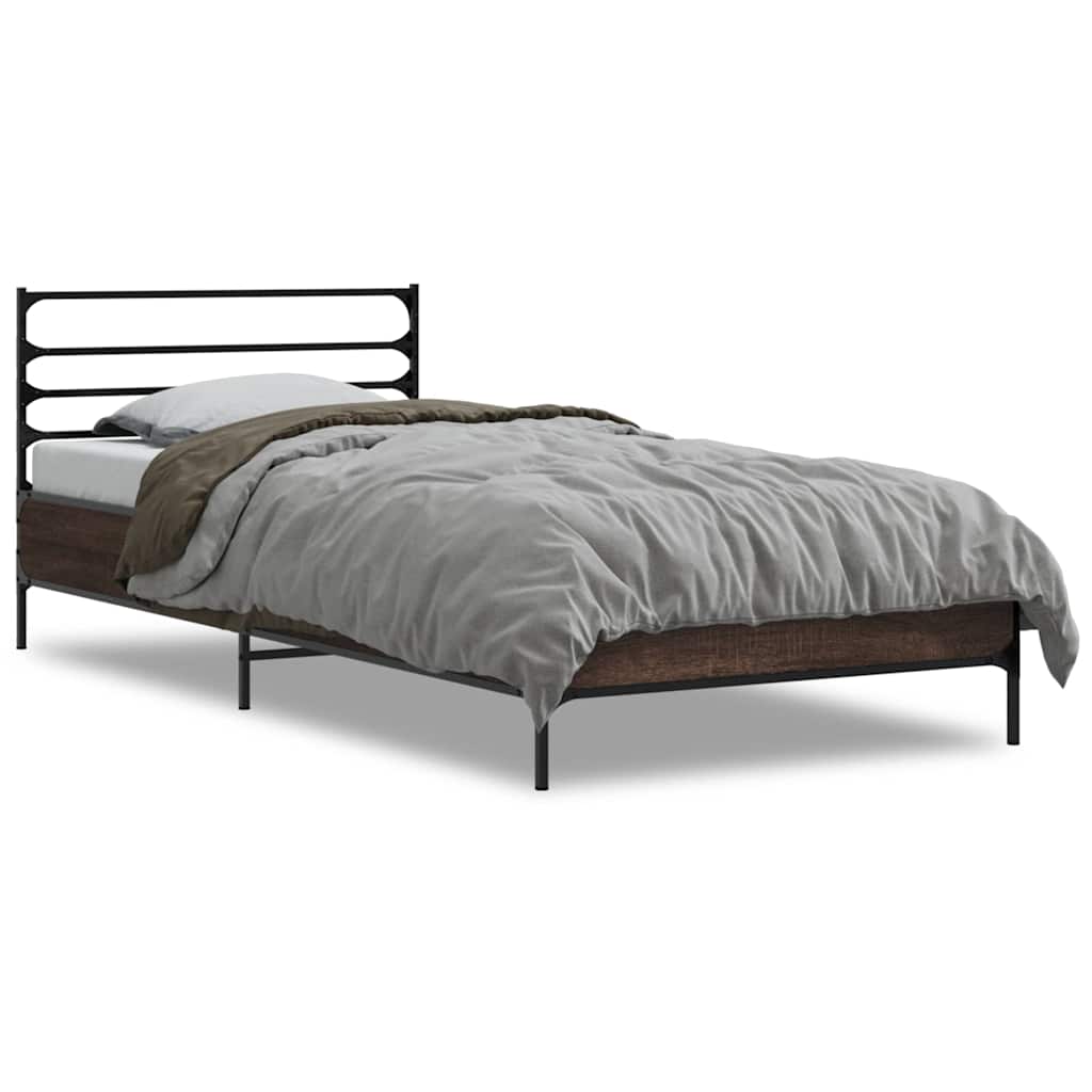 vidaXL Bedframe bewerkt hout en metaal bruin eikenkleurig 75x190 cm, foto 3