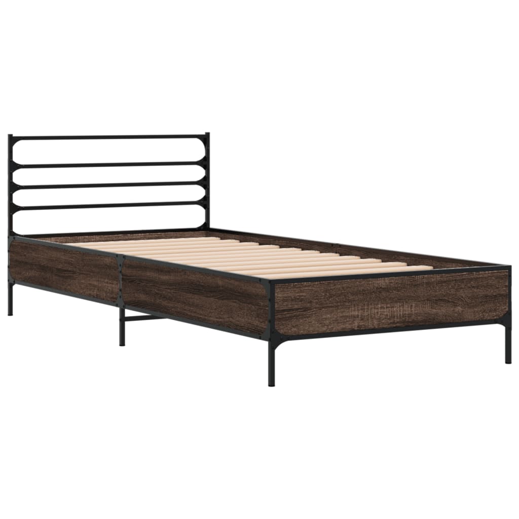 vidaXL Bedframe bewerkt hout en metaal bruin eikenkleurig 75x190 cm afbeelding