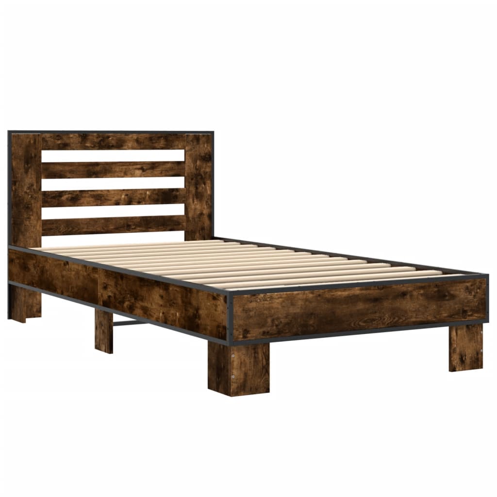 vidaXL Bedframe bewerkt hout en metaal gerookt eikenkleurig 75x190 cm afbeelding